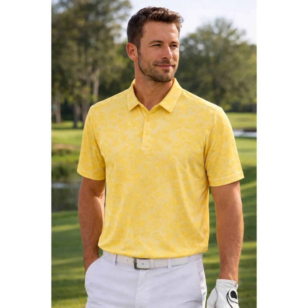 Adidas Mens Size‎ S Yellow Golf Polo Shirt Floral Print Performance Stretch Tee